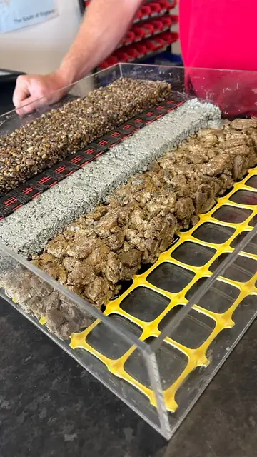 A cutaway sample showing the build up of a resin driveway: the open grid base at the bottom, then the aggregate bound above it