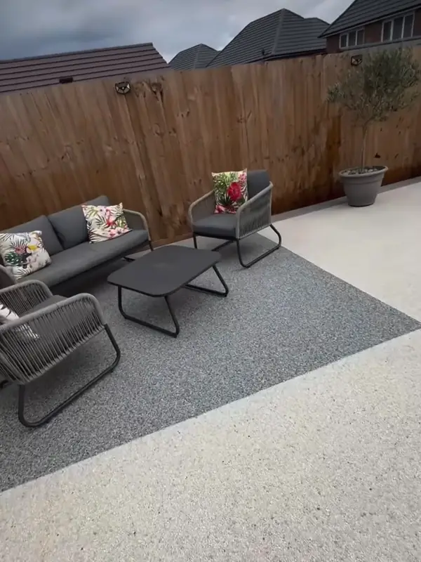 Garden furniture out on the finished resin patio